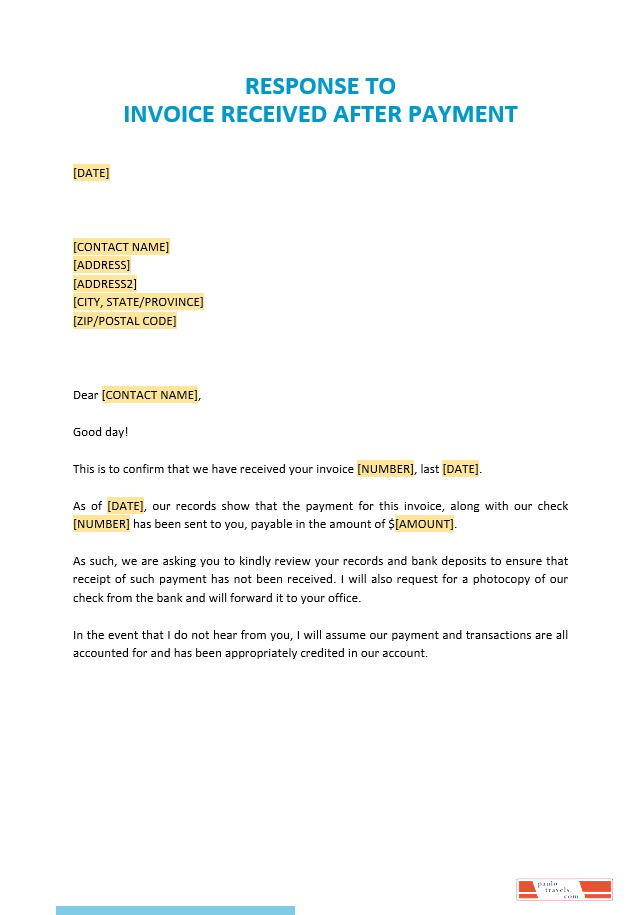 Free Response to Invoice Received after Payment Template PSD template